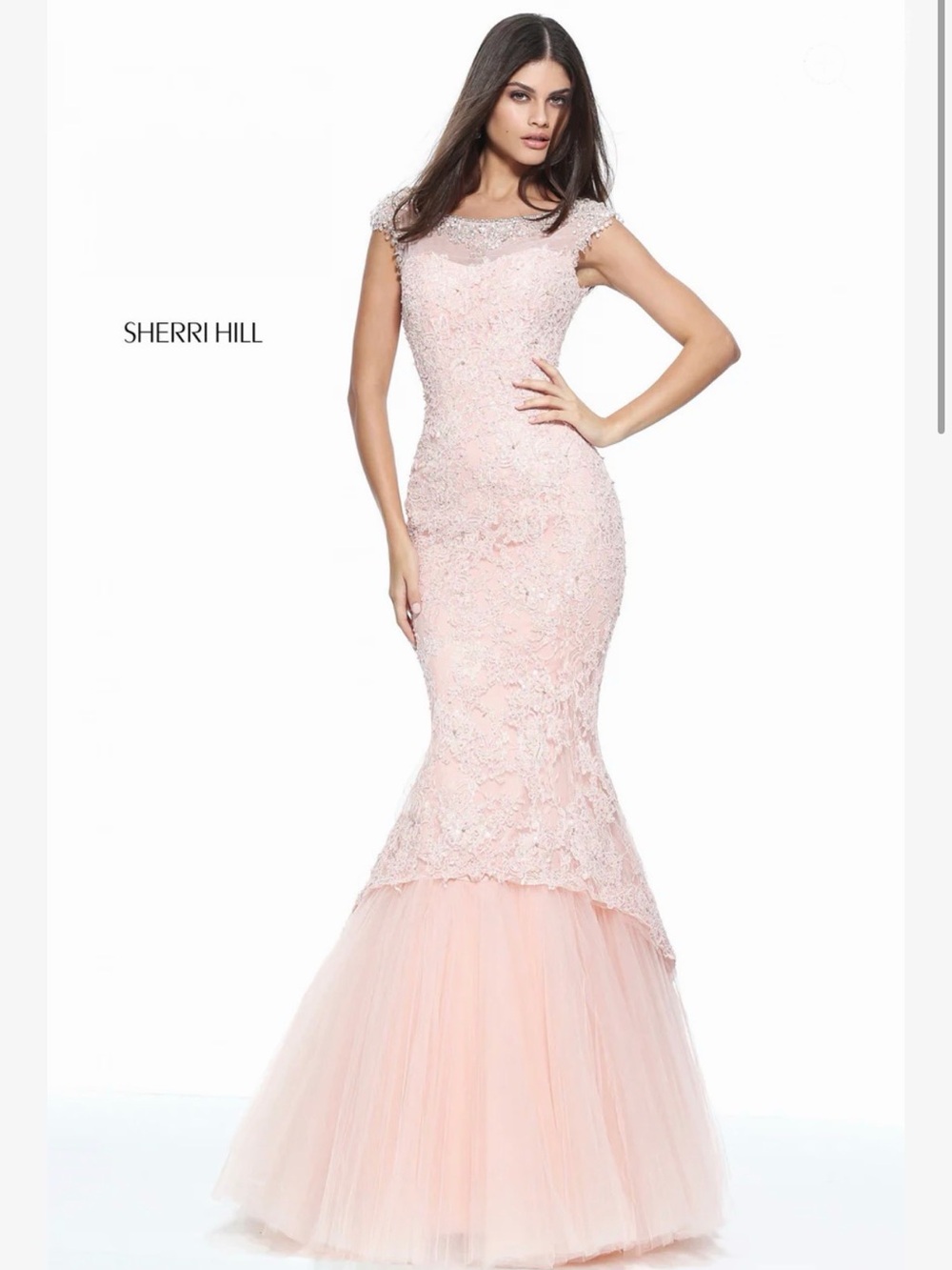 NWT $998 Sherri Hill Blush Pink Lace Mermaid Gown Dress with Tulle Hem 51114